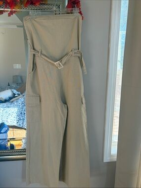 Strapless High-Waist Wide-Leg Jumpsuit in Light Beige